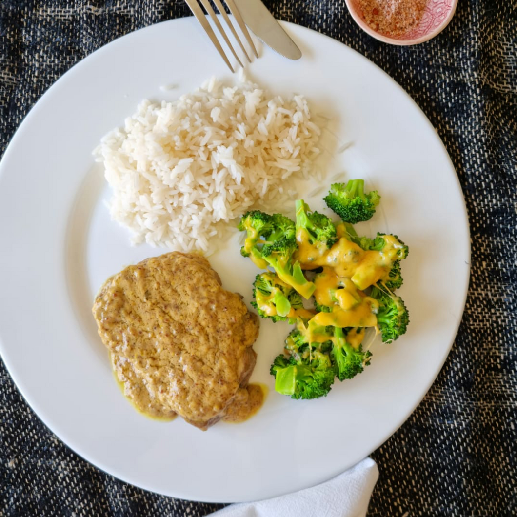 Pork Steak in Creamy, Wholegrain Mustard Sauce (served with rice & cheesy broccoli)